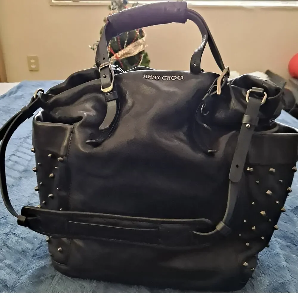 Jimmy Choo Blare Studded Shoulder Purse Satchel Tote Bag Black Glossy Leather